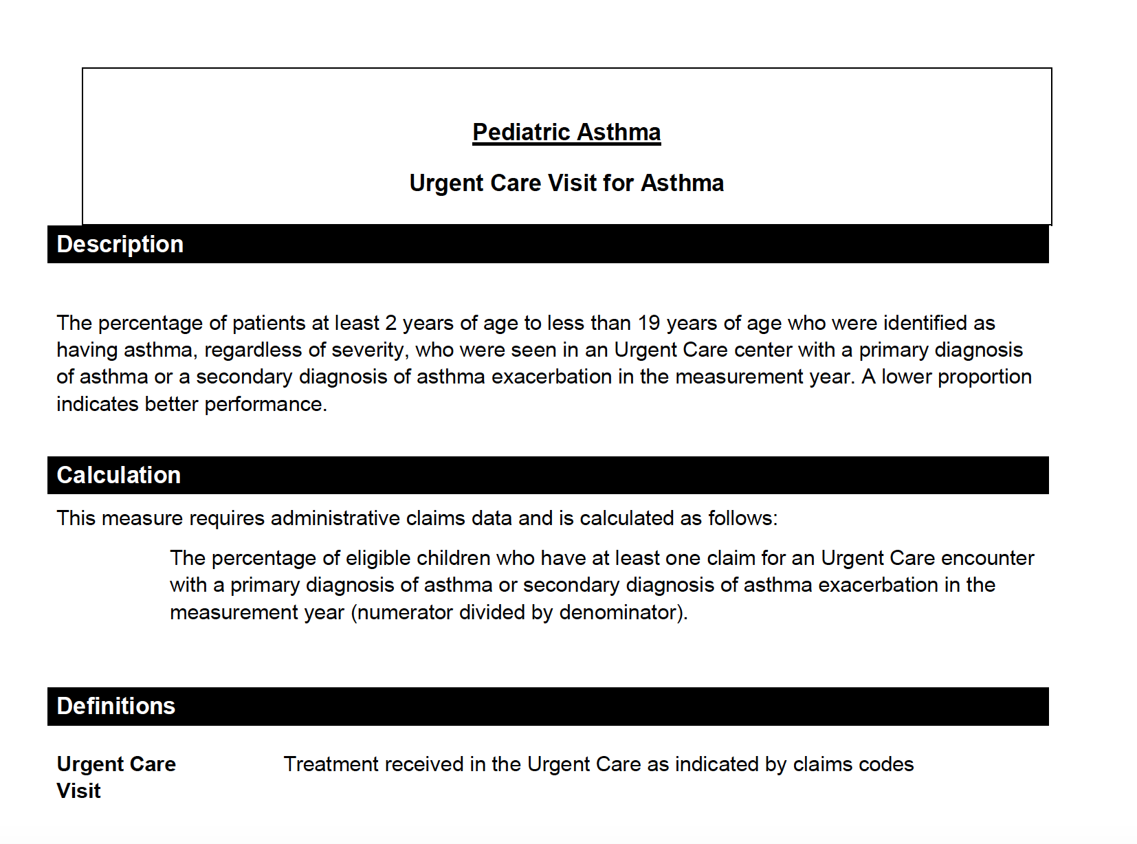 Urgent Care Visit for Pediatric Asthma Measure